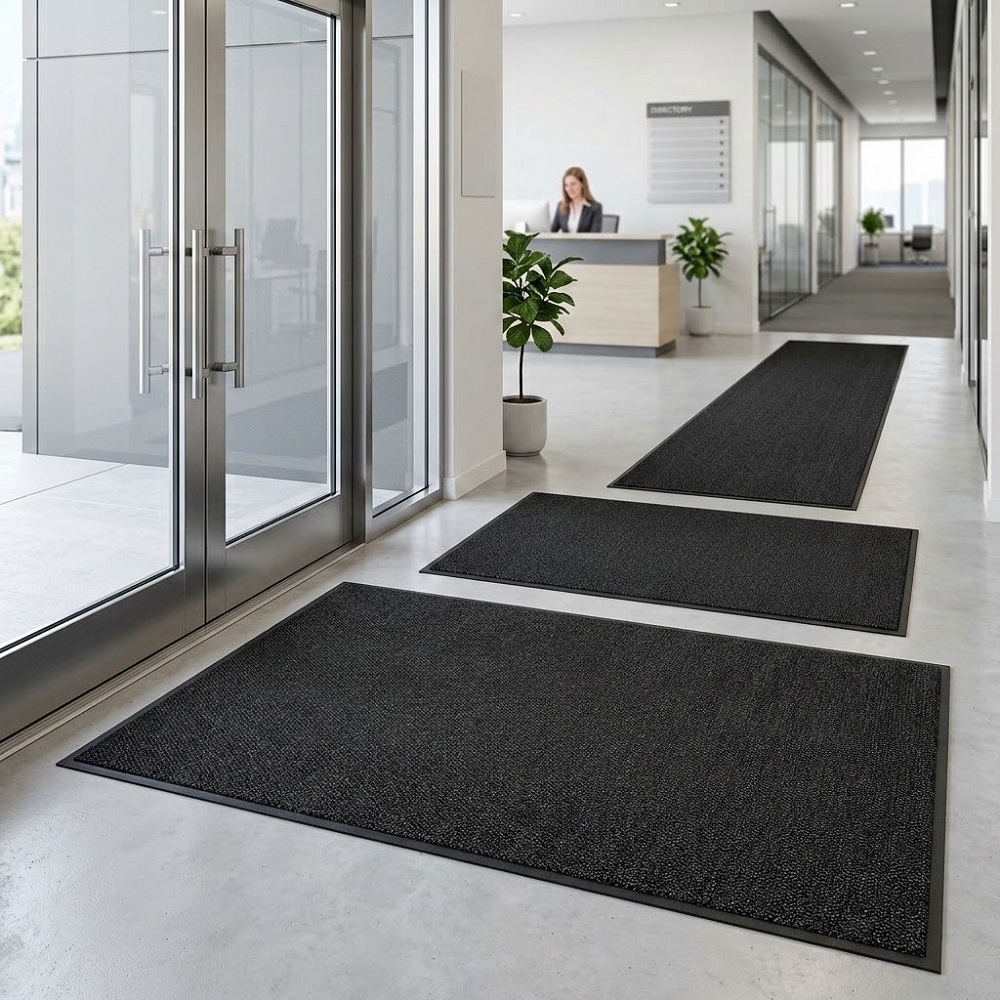 Professional floor mat at a facility entrance designed to trap dirt, dust, and moisture to improve indoor hygiene standards.