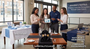 An infographic comparing how various linen colors used by Maurer’s Textile can influence customer perception across different industries, featuring a diverse team of four professionals collaborating and reviewing market data in a modern, open-concept facility
