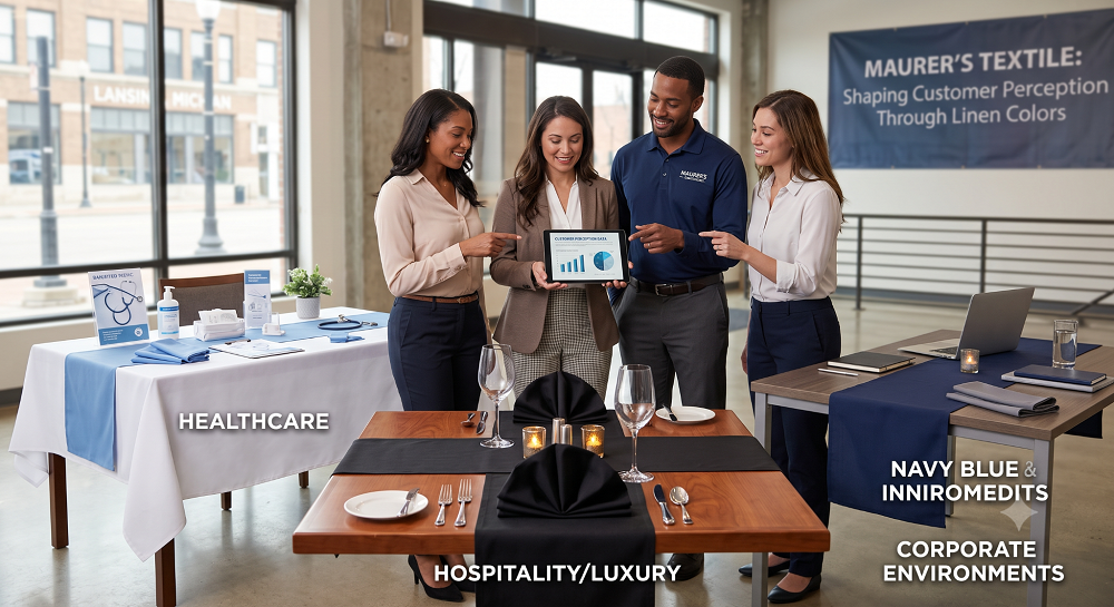 An infographic comparing how various linen colors used by Maurer’s Textile can influence customer perception across different industries, featuring a diverse team of four professionals collaborating and reviewing market data in a modern, open-concept facility