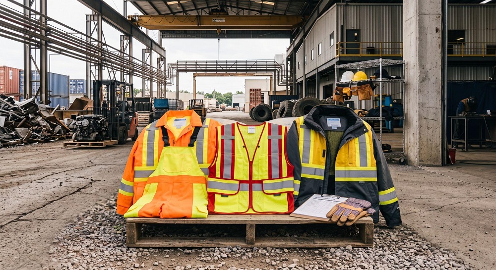 High visibility safety gear, including an orange coverall, yellow safety vest, and heavy duty jacket.
